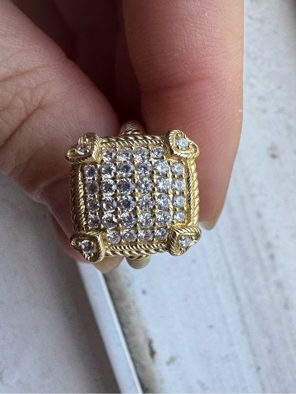 Judith Ripka gold tone sterling silver cz square cocktail ring size 7